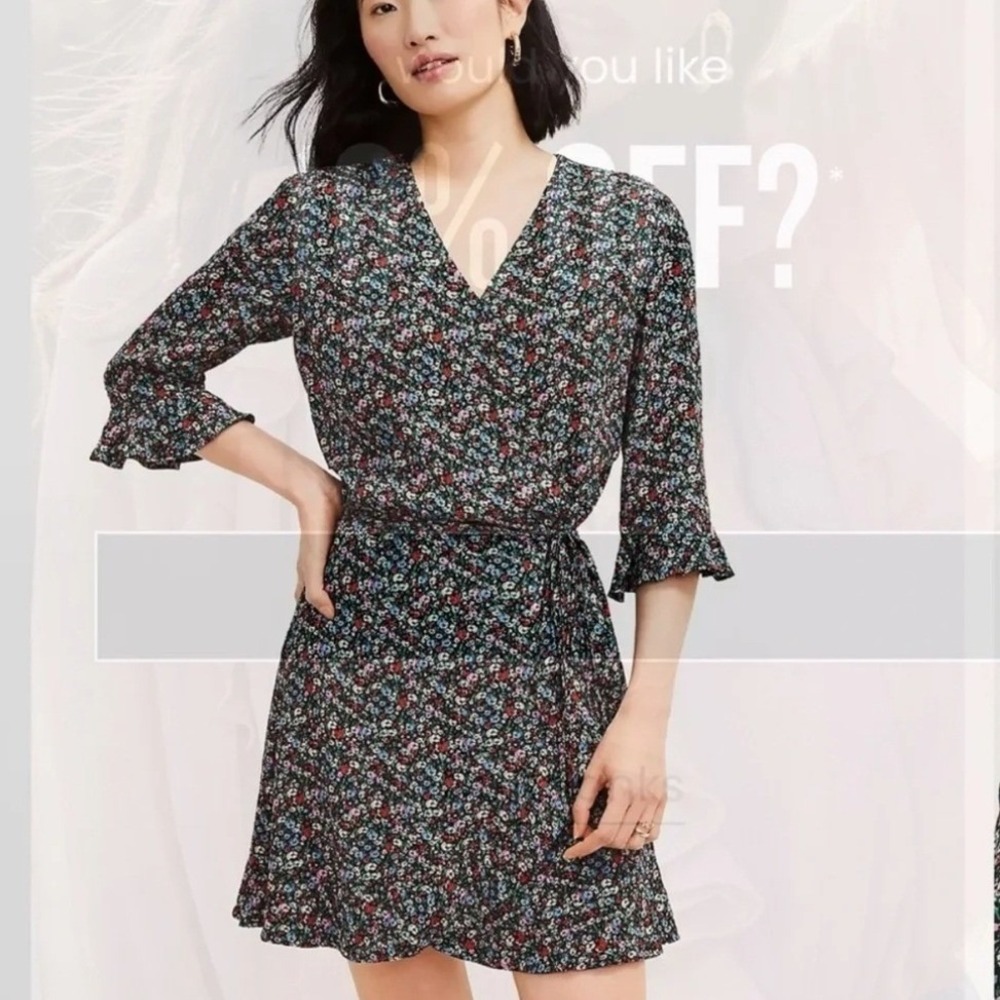 LOFT Petites Floral Wrap Dress/Skort Blk Multi Ruffle Mini Large Petite NWT SP22